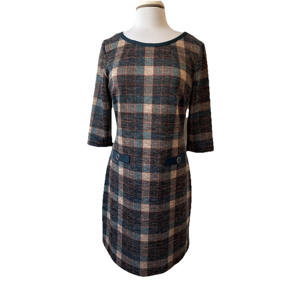 Connected Apparel Plaid Knit Sheath Dress Women's 10 Preppy Academia Office Boho